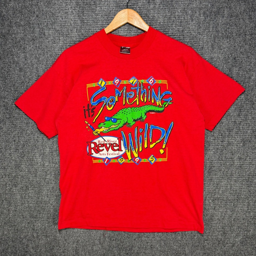 Vintage 1995 Red River Revel Arts Festival T Shirt Red Crocodile Mens L